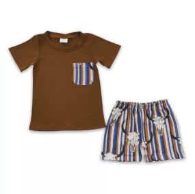 Boys Brown Pocket Shirt & Striped Bull Skull Short Set