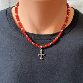 Carnelian Mens Beaded Necklace with Silver Cross Charm